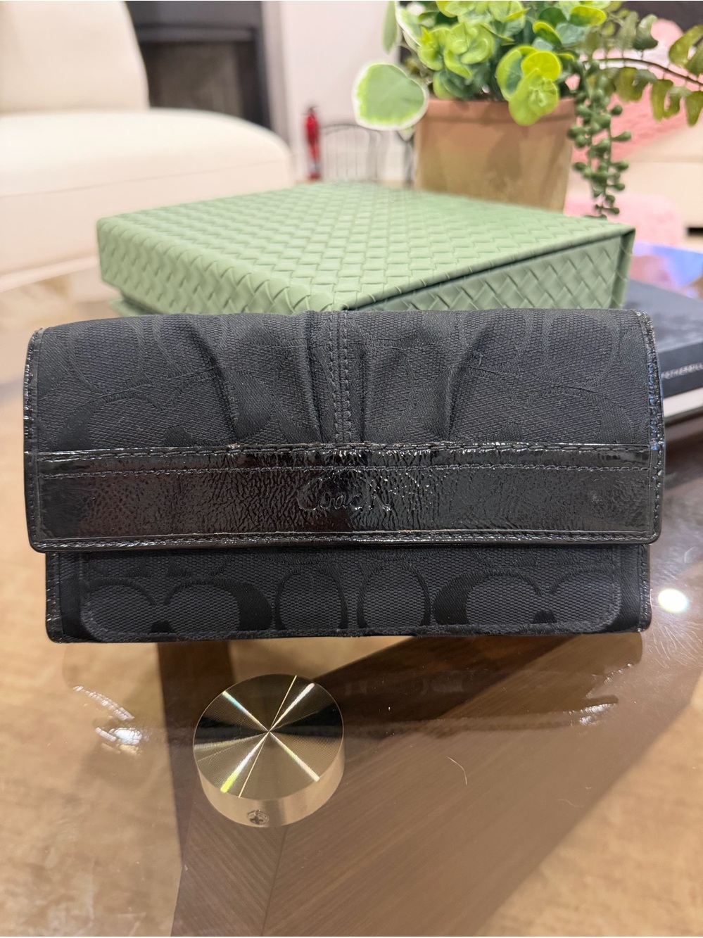 Coach Black Signature Envelope Wallet with Patent Trim